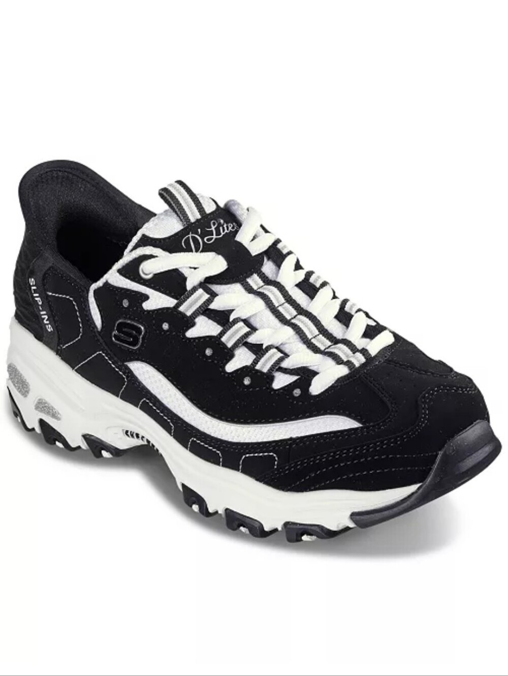 Skechers D’Lites Black & White Slip‑Ins Athletic Sneakers W 9